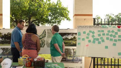 Community engagement event held outdoors to evaluate opinions on the renovation of MacGregor Park in Houston, Texas.